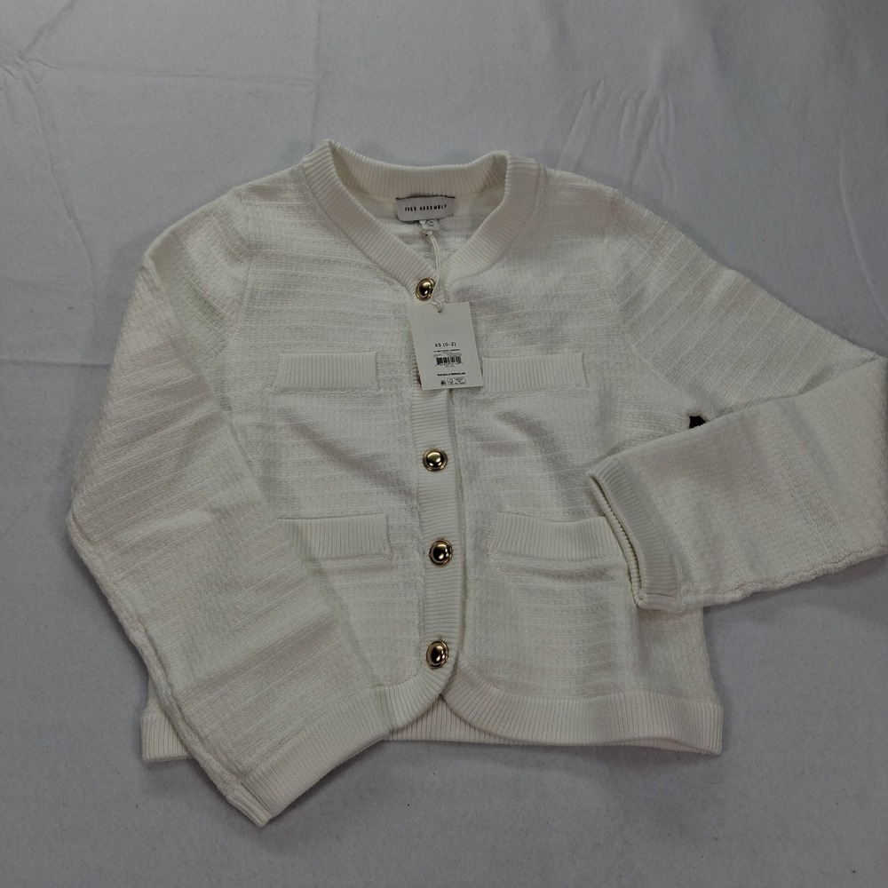 Free Assembly Cardigan Womens XS FA Welt Pocket Cream Gold Button Textured NEW
